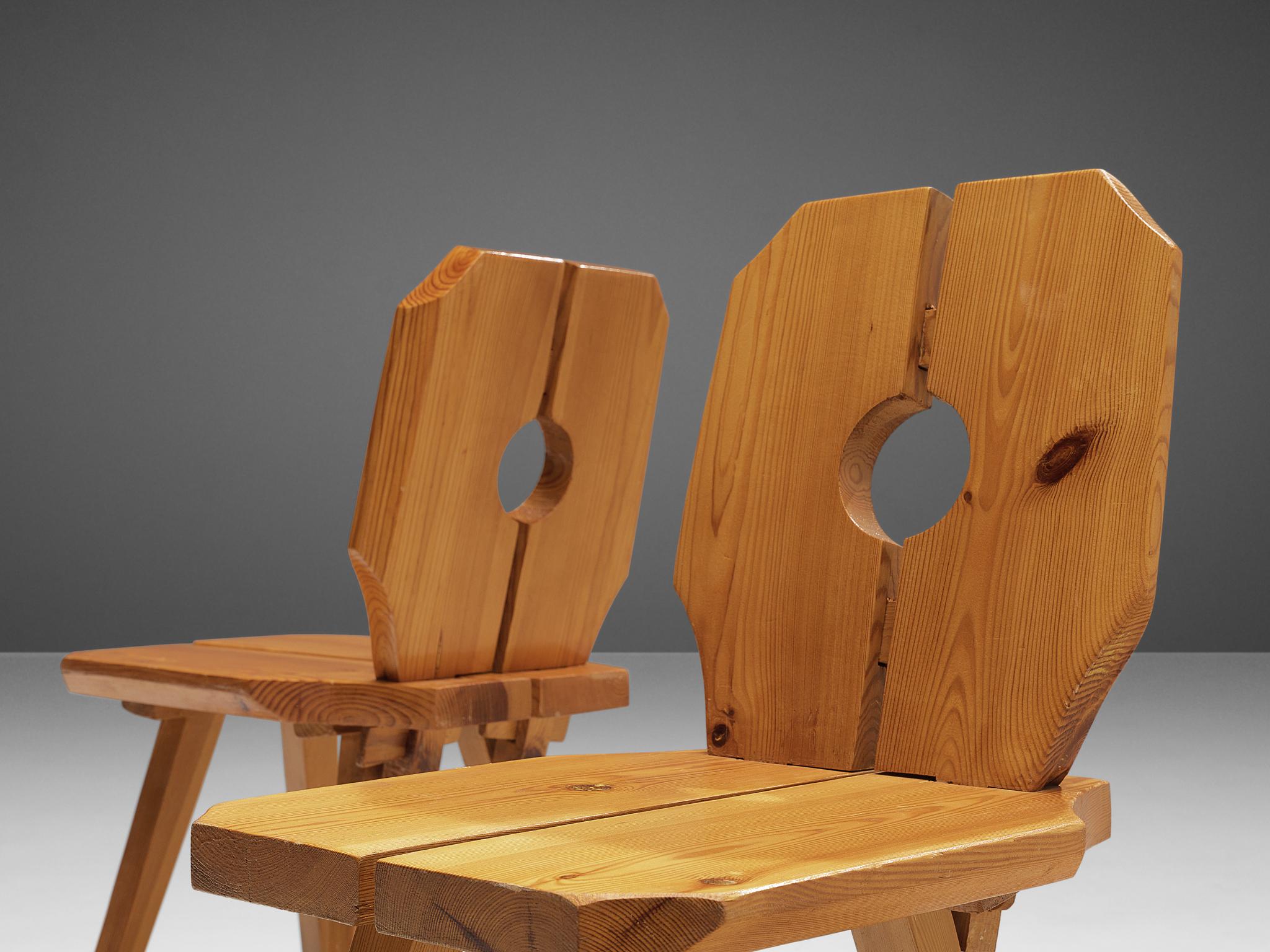 Pair of Sculpted Dining Chairs in Solid Pine