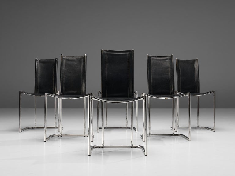 Thema Italy Set of Six Dining Chairs in Tubular Steel and Black Leather