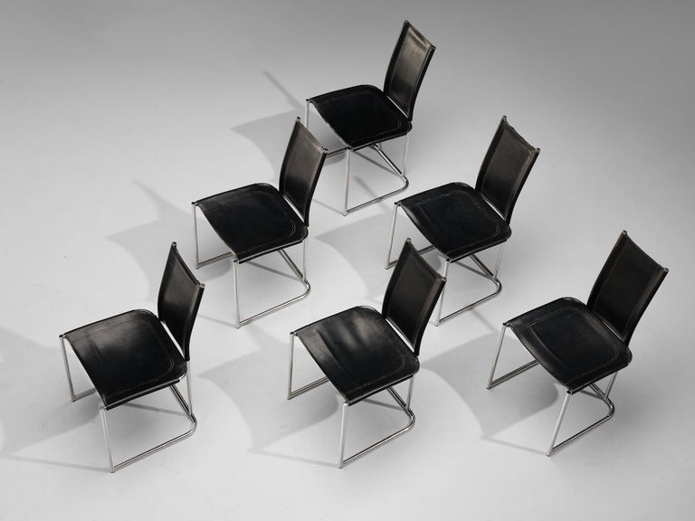Thema Italy Set of Six Dining Chairs in Tubular Steel and Black Leather
