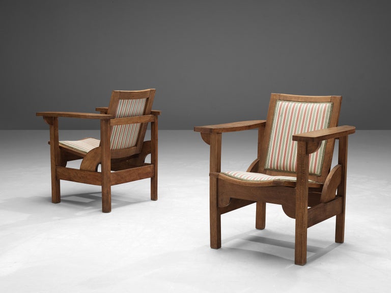 Pierre Dariel Pair of 'Hendaye' Armchairs in Striped Upholstery and Oak