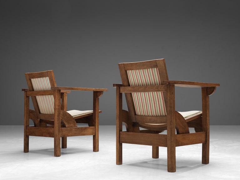 Pierre Dariel Pair of 'Hendaye' Armchairs in Striped Upholstery and Oak