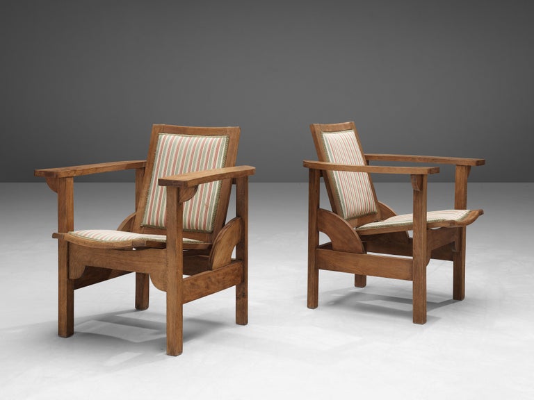 Pierre Dariel Pair of 'Hendaye' Armchairs in Striped Upholstery and Oak