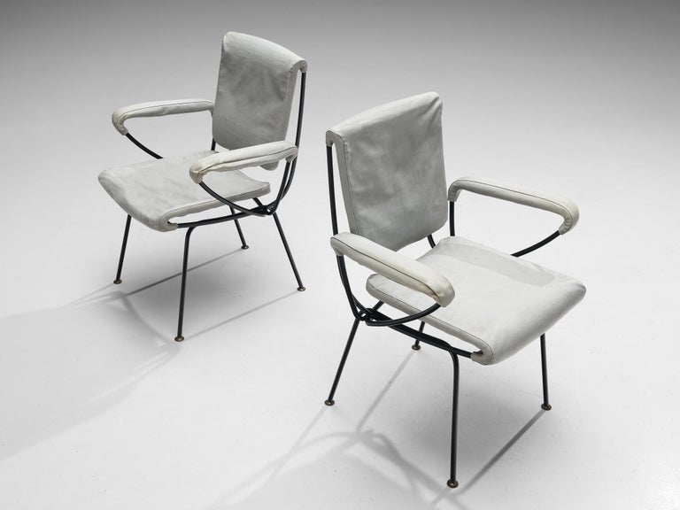 Gastone Rinaldi 'DU 24' Pair of Armchairs in Grey Leatherette and Metal