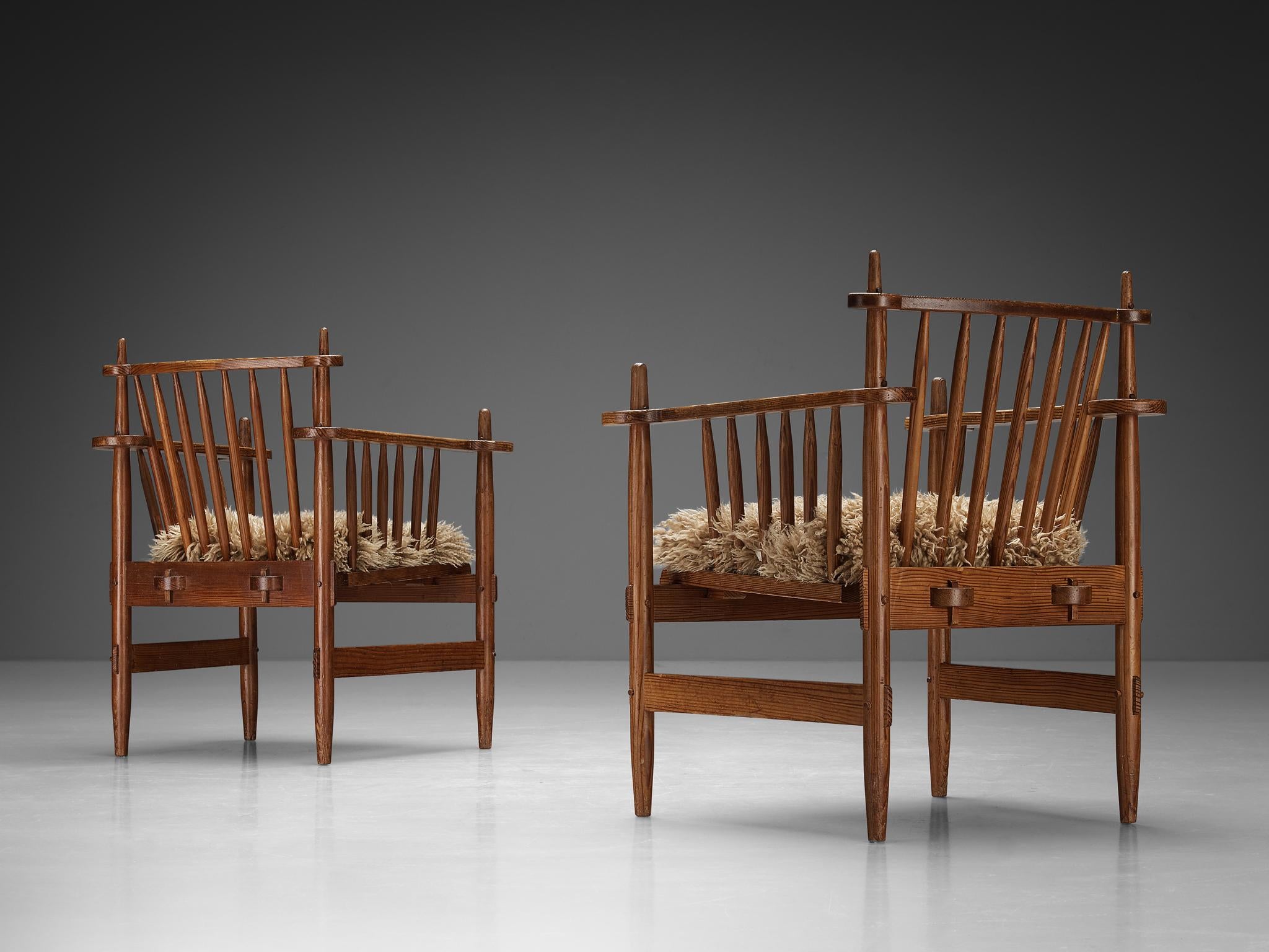 Dutch Pair of Rustic Armchairs in Solid Pine