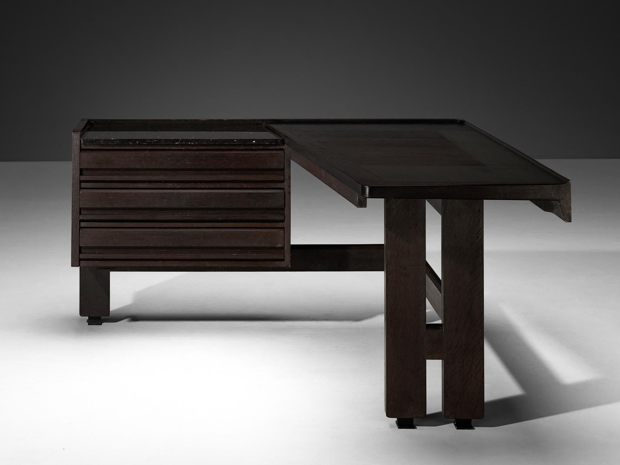 Guillerme & Chambron Corner Desk in Dark Oak and Black Stone