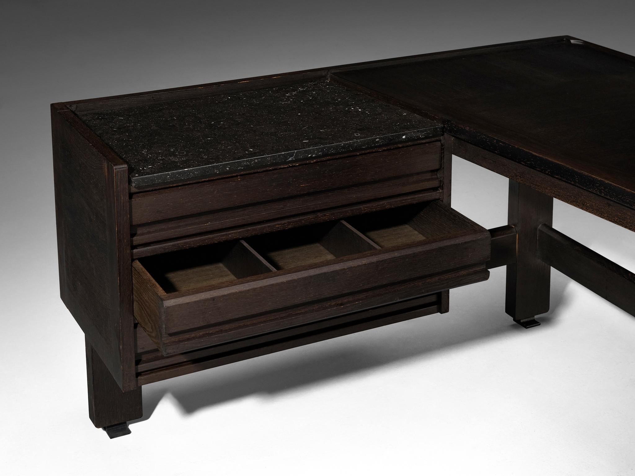 Guillerme & Chambron Corner Desk in Dark Oak and Black Stone