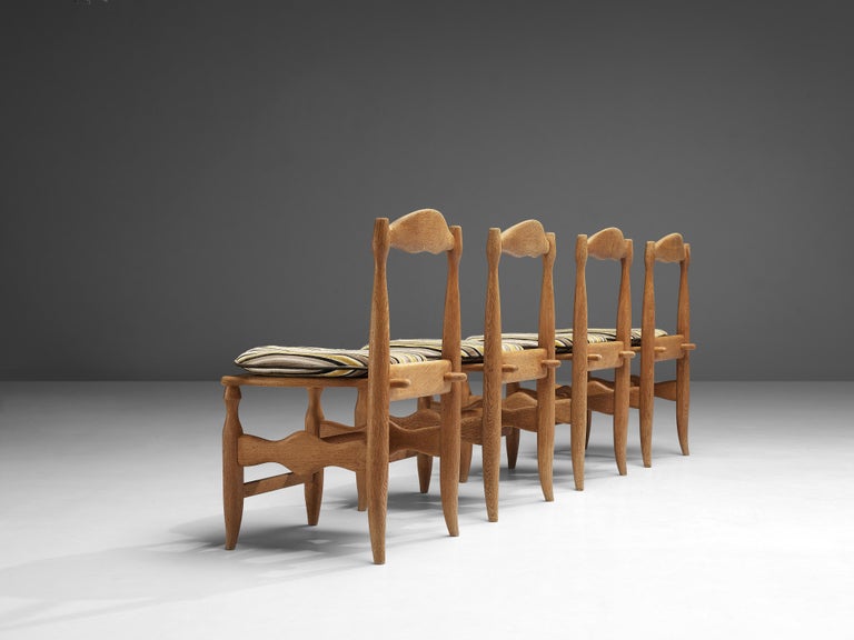 Guillerme & Chambron Set of Four Dining Chairs in Oak and Striped Fabric