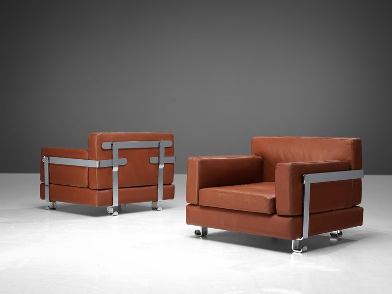 Luigi C. Dominioni for Azucena Pair of Lounge Chairs in Leather & Chromed Metal