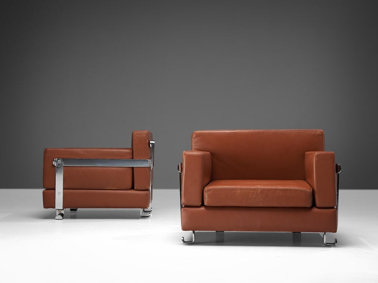 Luigi C. Dominioni for Azucena Pair of Lounge Chairs in Leather & Chromed Metal