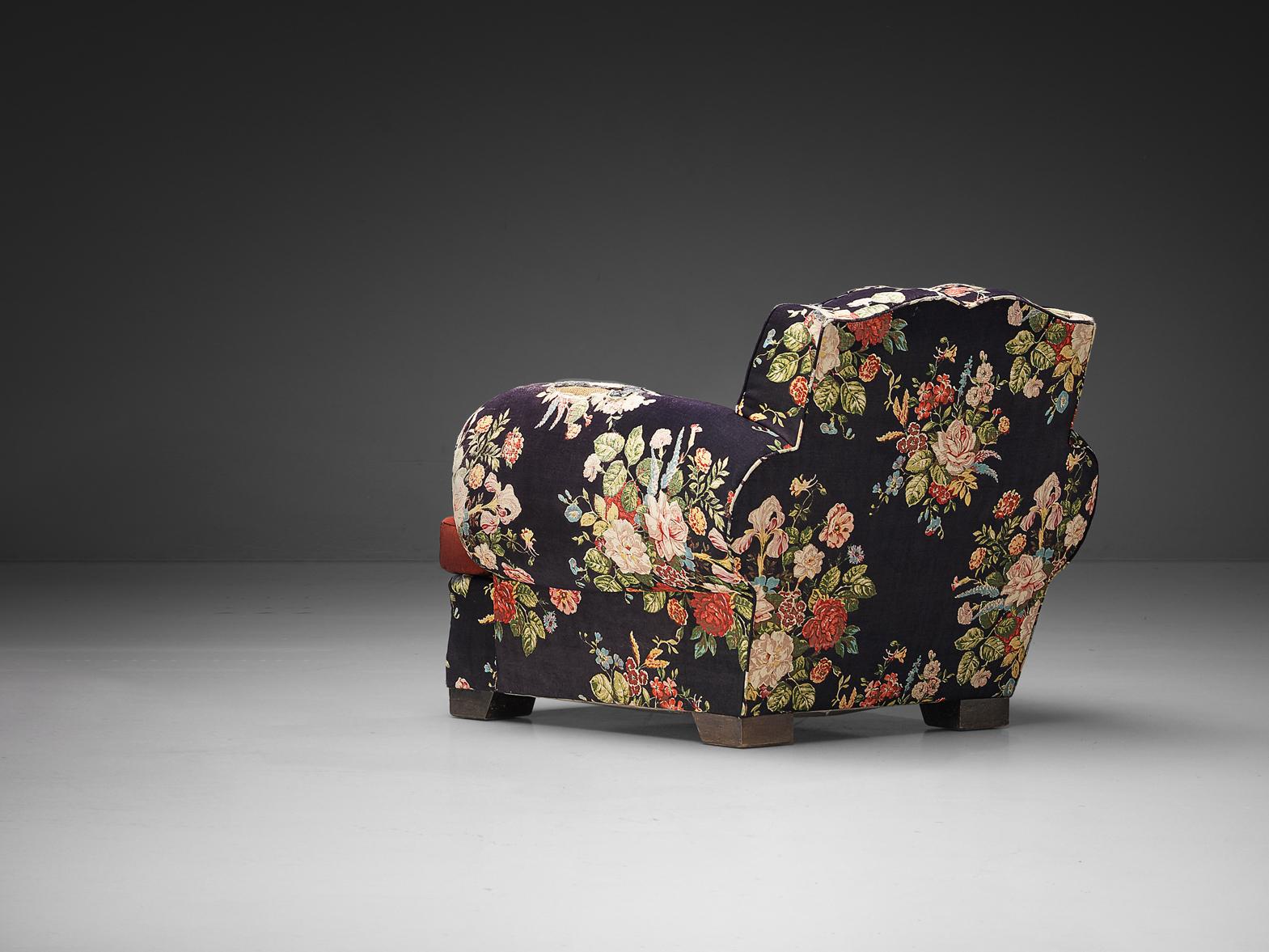 French Art Deco Lounge Chair in Floral Upholstery