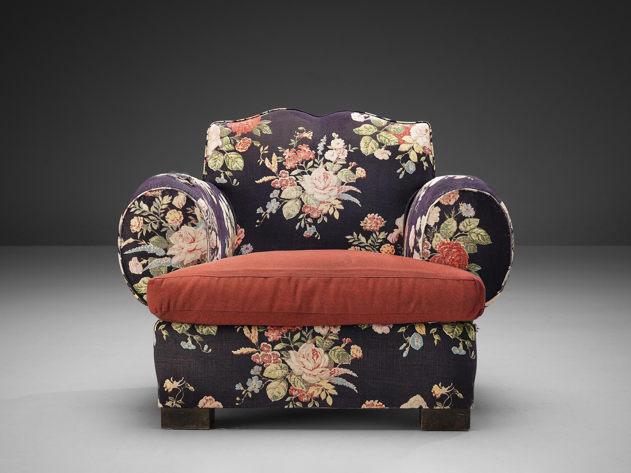 French Art Deco Lounge Chair in Floral Upholstery