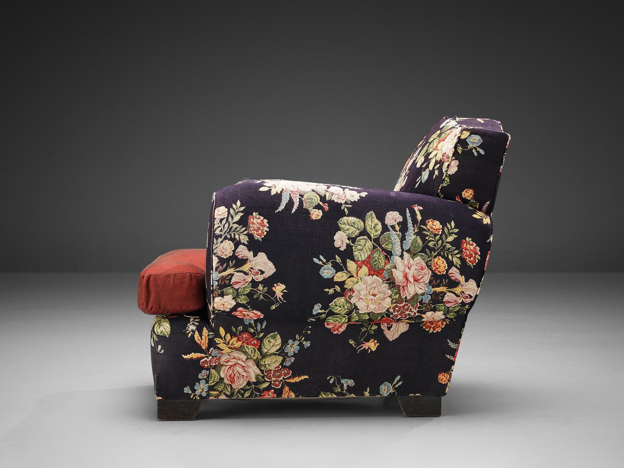 French Art Deco Lounge Chair in Floral Upholstery