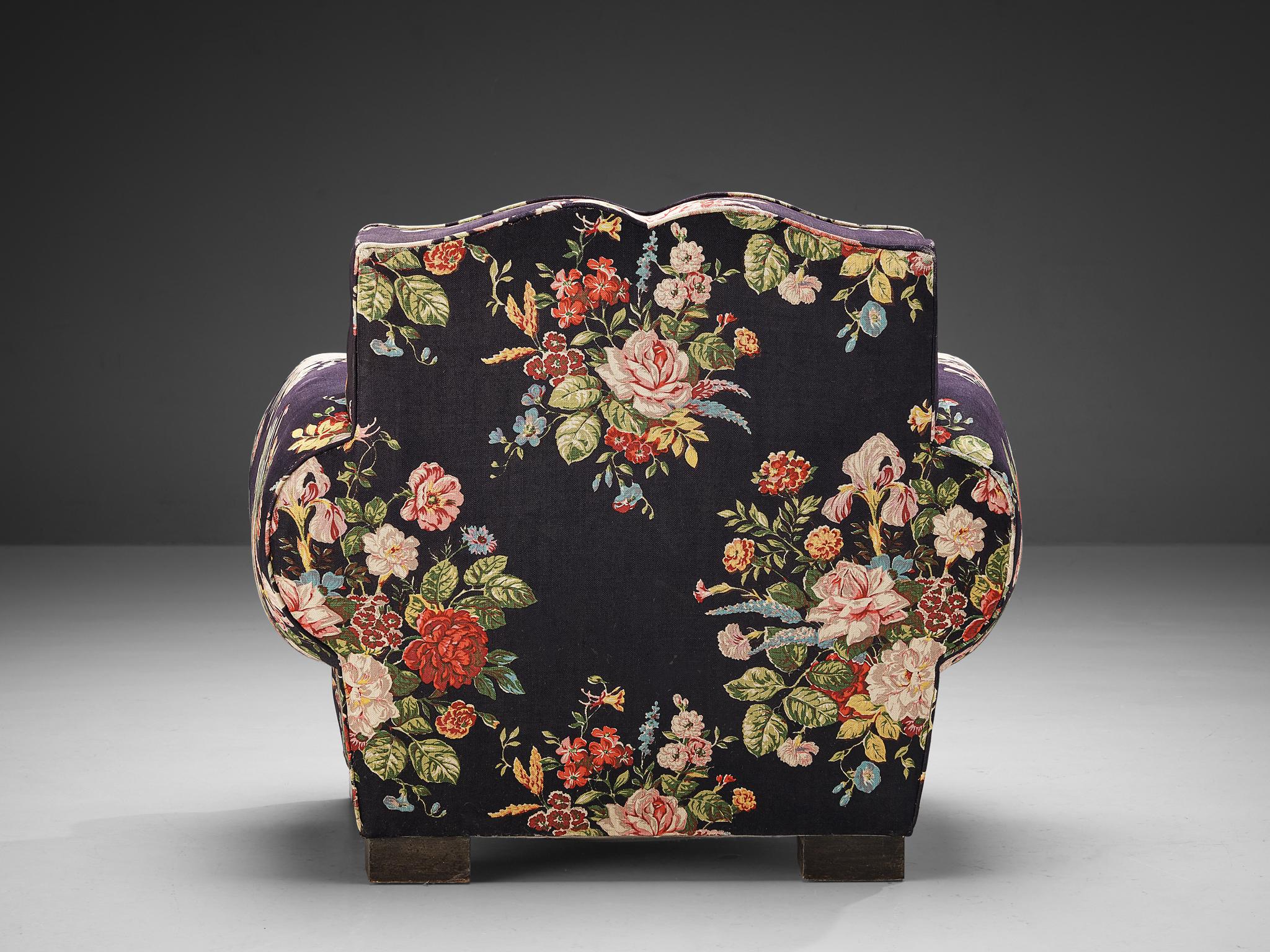 French Art Deco Lounge Chair in Floral Upholstery