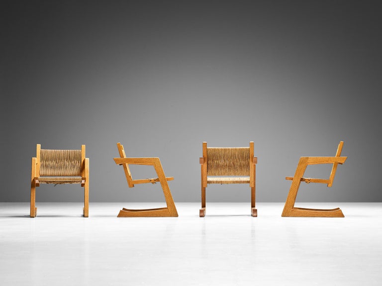 Gino Russo Set of Four Armchairs in Oak and Woven Sea Grass