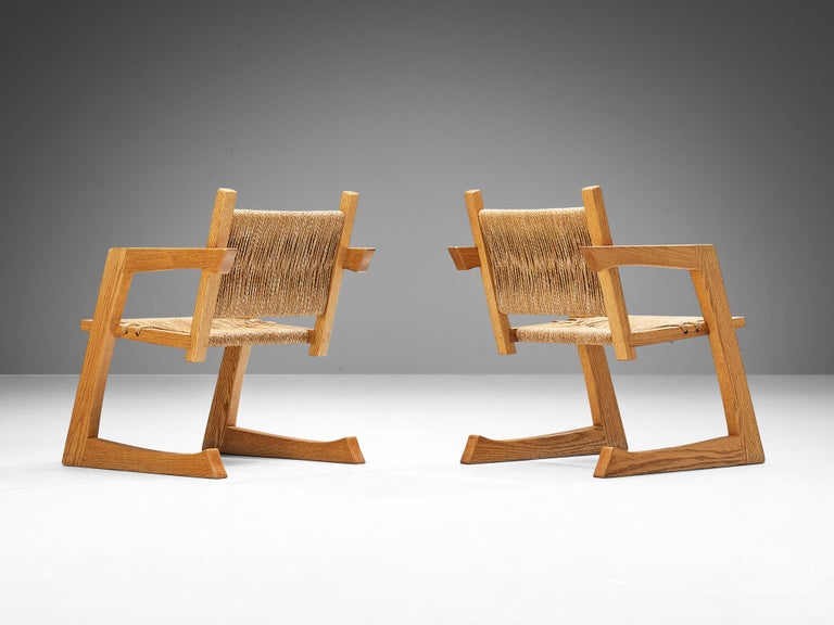 Gino Russo Set of Four Armchairs in Oak and Woven Sea Grass