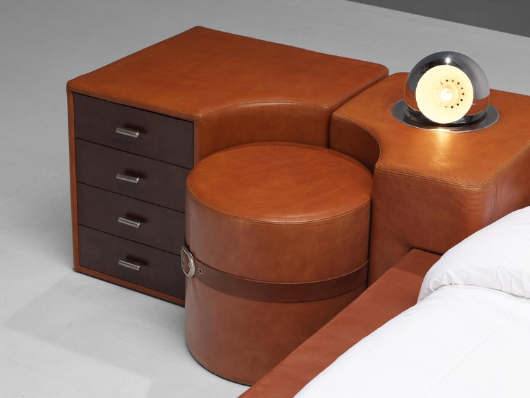 Guido Faleschini for Mariani Set of Queen Bed Nightstands and Stools in Leather