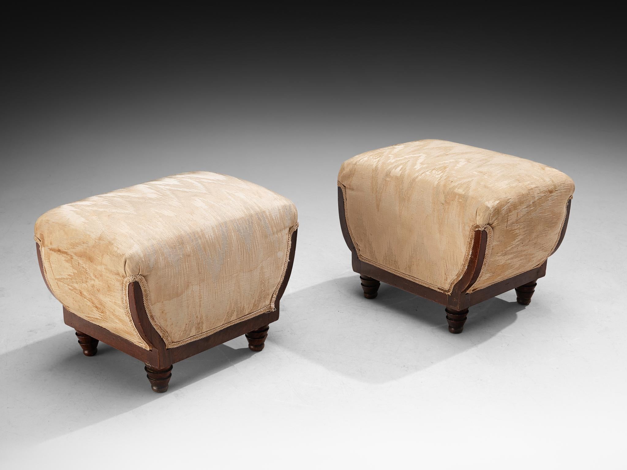 Italian Art Deco Ottomans in Walnut and Silk