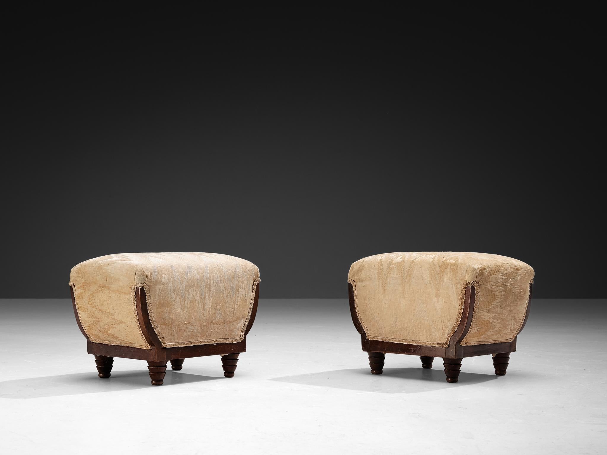 Italian Art Deco Ottomans in Walnut and Silk