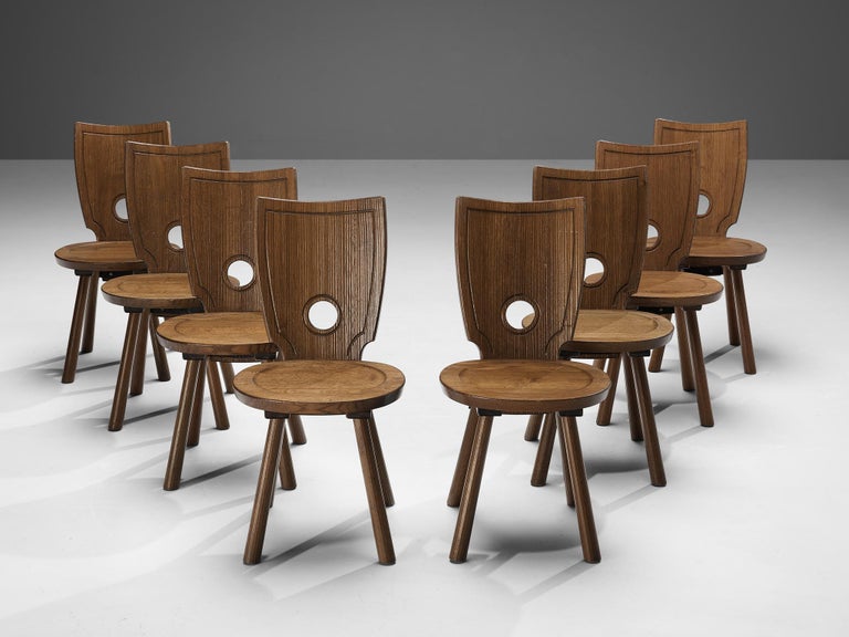 Rustic French Set of Eight Dining Chairs in Solid Oak