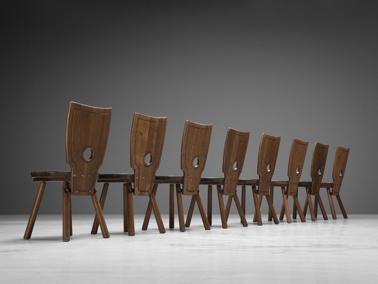 Rustic French Set of Eight Dining Chairs in Solid Oak