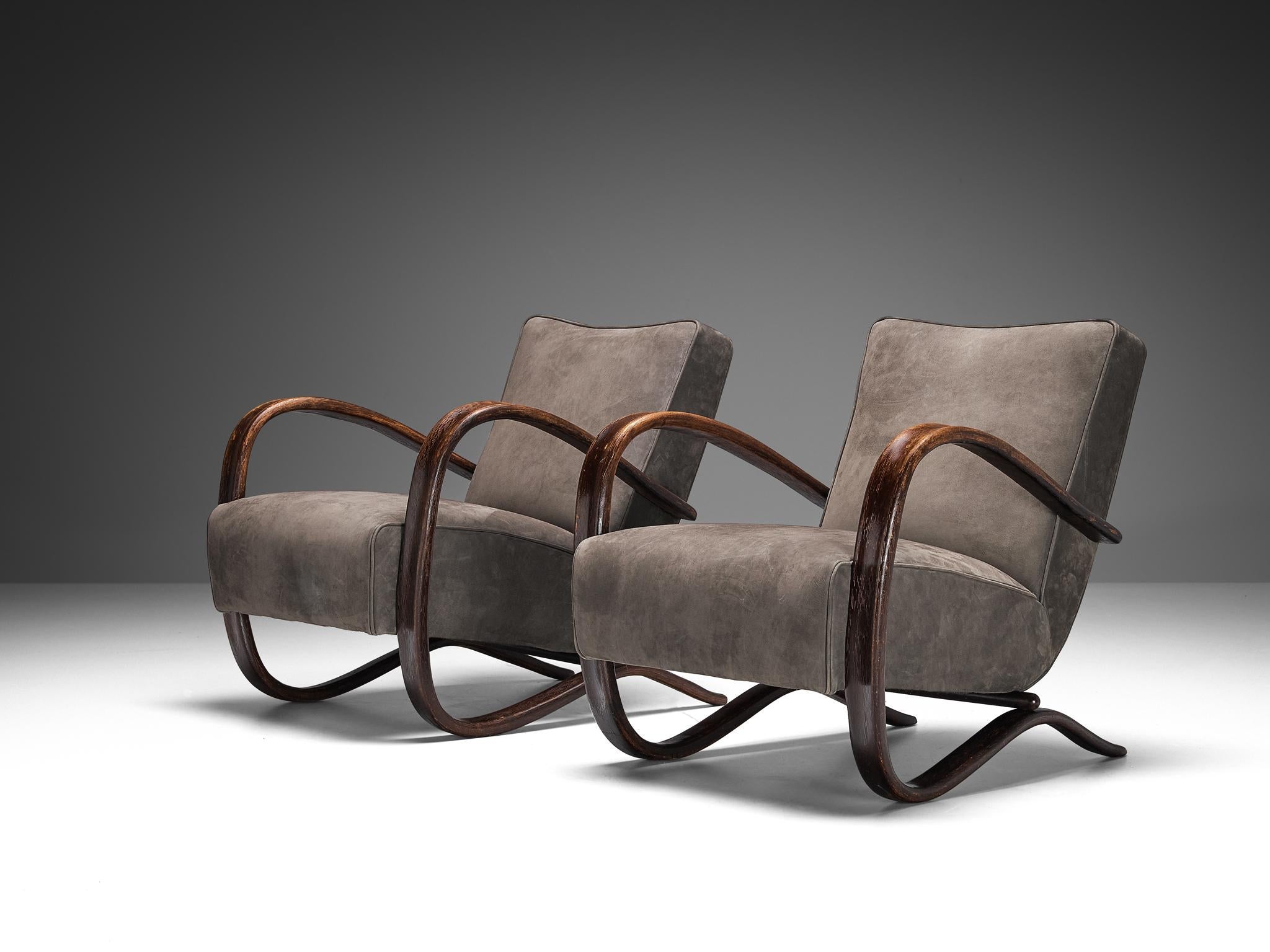 Jindrich Halabala Lounge Chairs in Grey Nubuck Leather