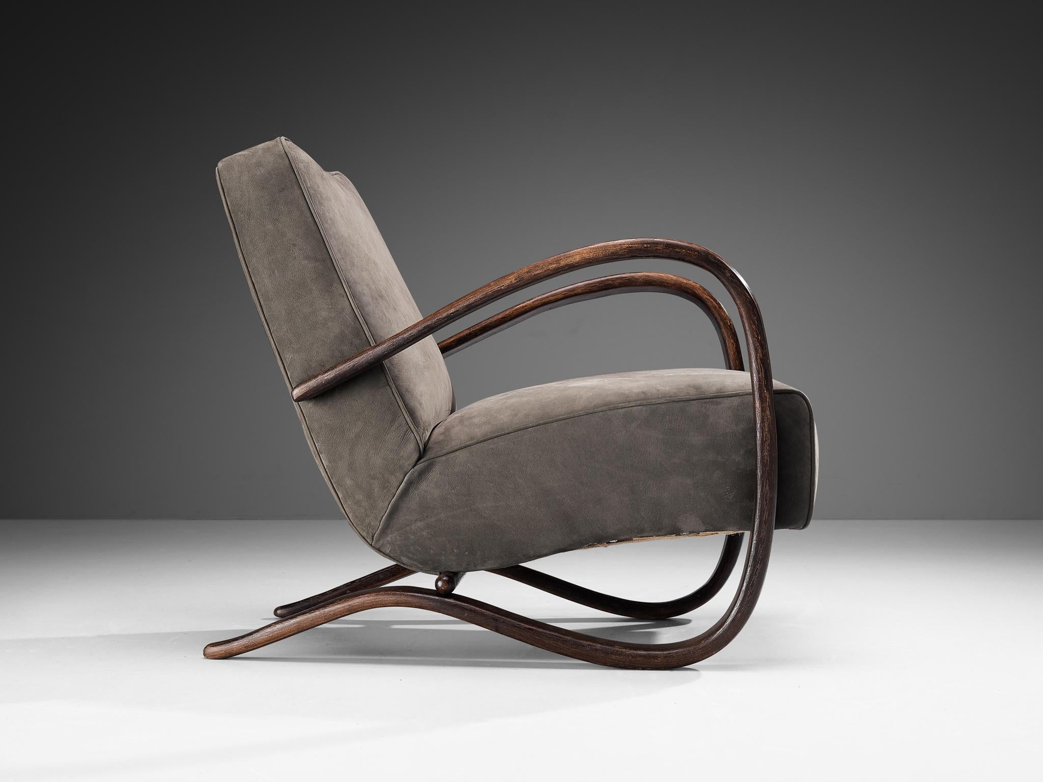 Jindrich Halabala Lounge Chairs in Grey Nubuck Leather