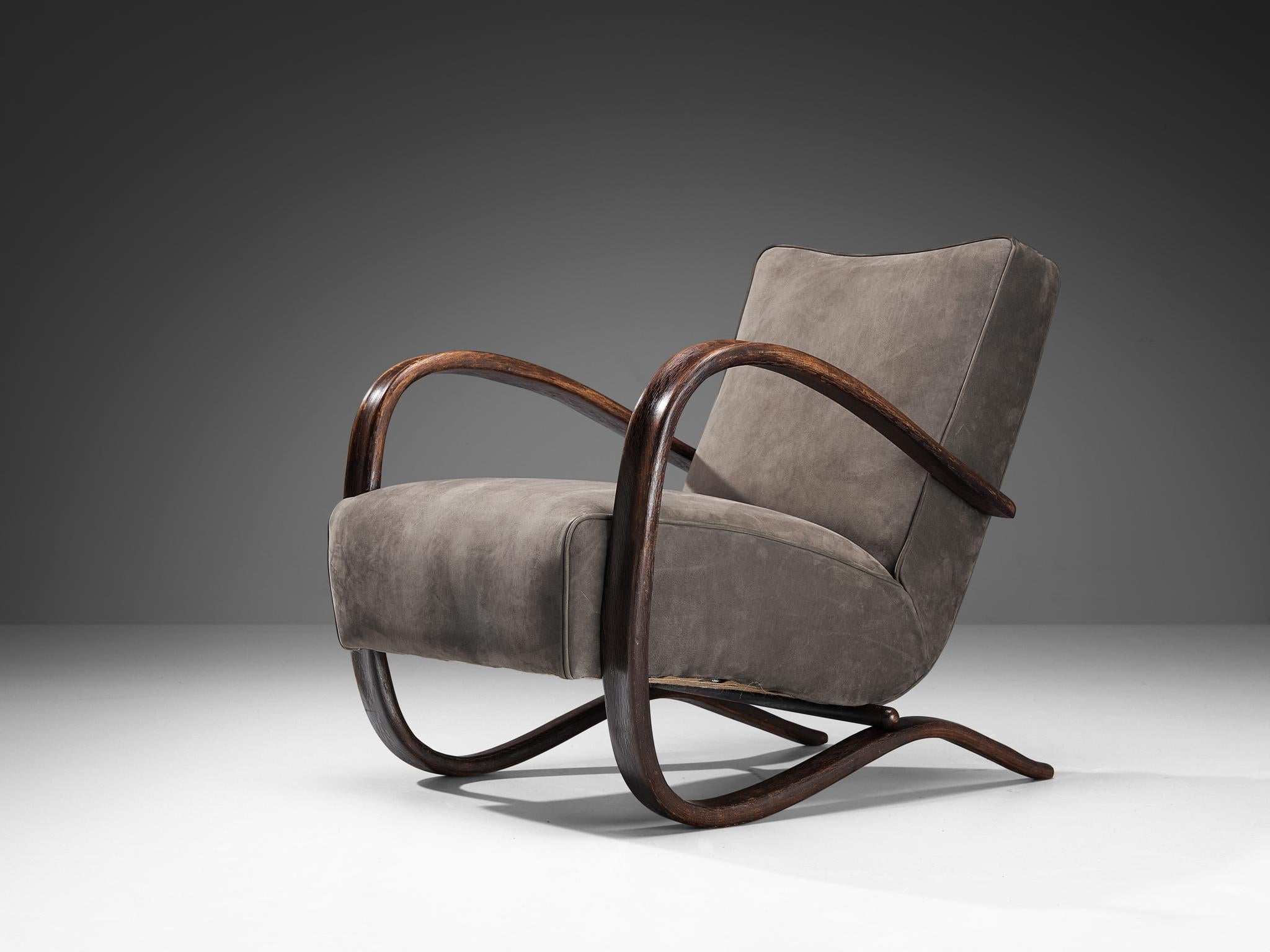 Jindrich Halabala Lounge Chairs in Grey Nubuck Leather