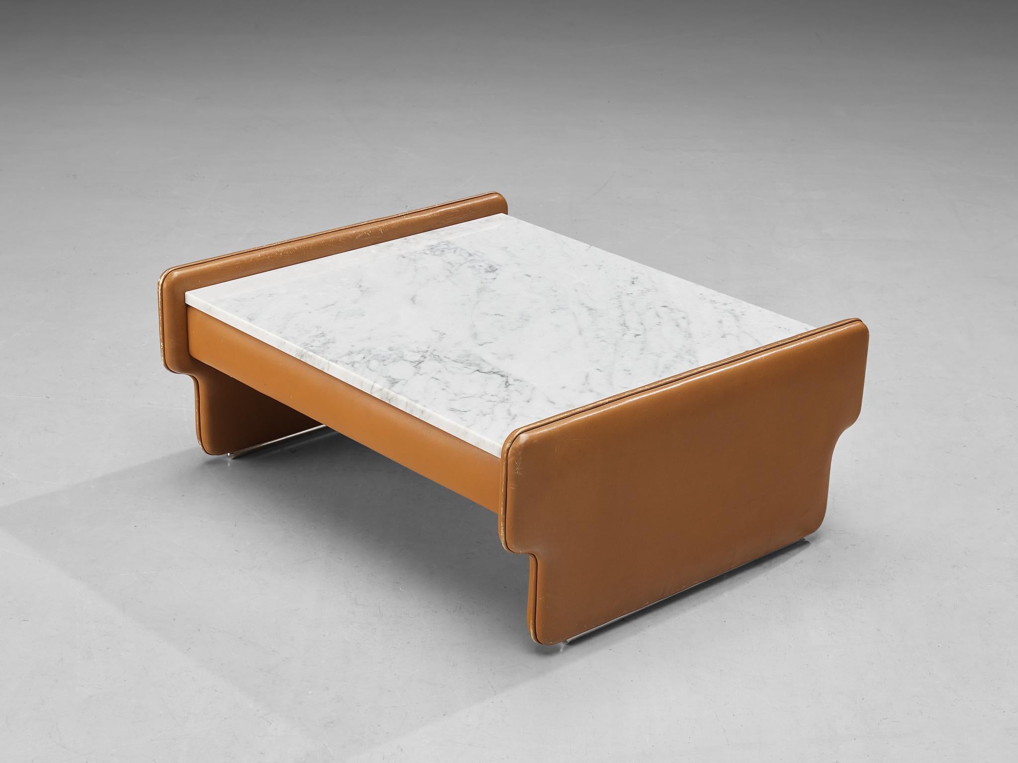 Italian Coffee Table in Cognac Leather and Carrara Marble