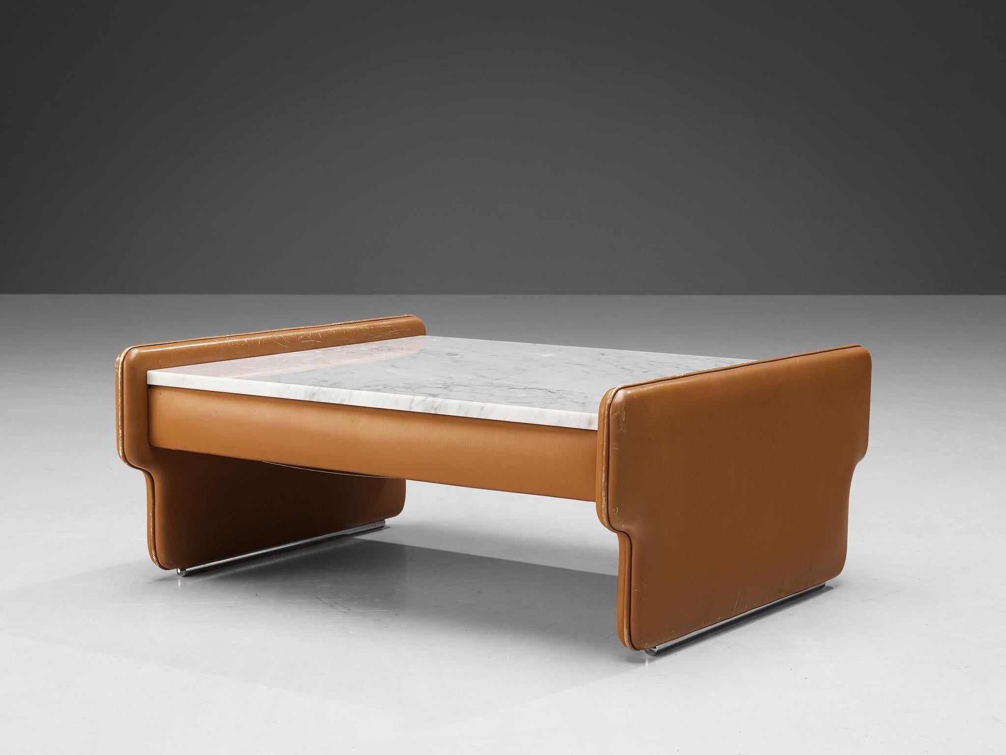 Italian Coffee Table in Cognac Leather and Carrara Marble