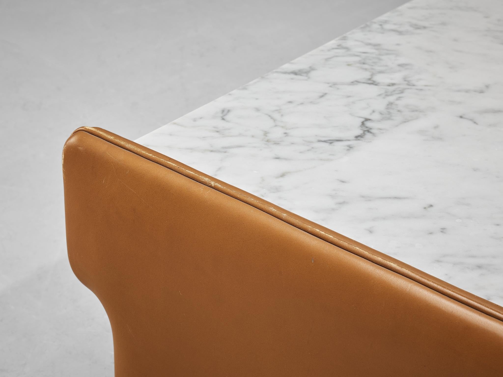 Italian Coffee Table in Cognac Leather and Carrara Marble