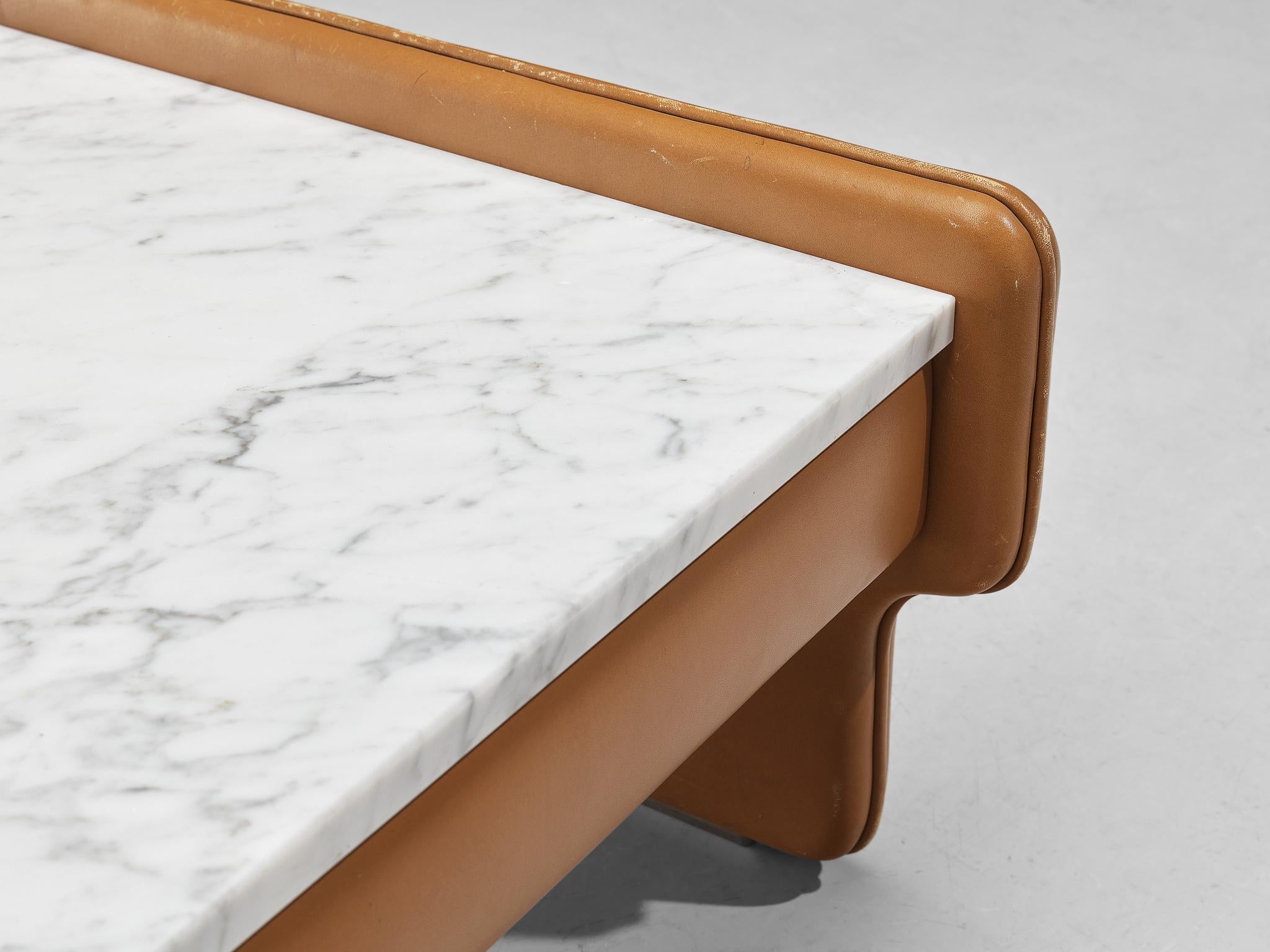 Italian Coffee Table in Cognac Leather and Carrara Marble