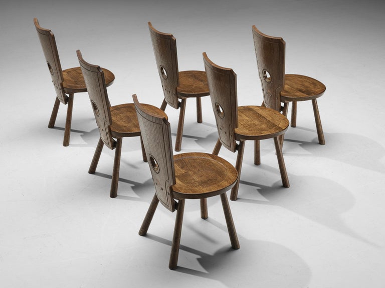 Rustic Set of Six French Dining Chairs in Solid Oak