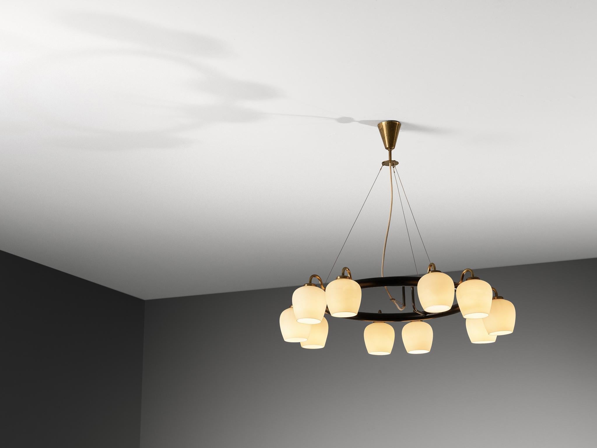 Vilhelm Lauritzen for Fog & Mørup Chandelier in Opaline Glass and Brass