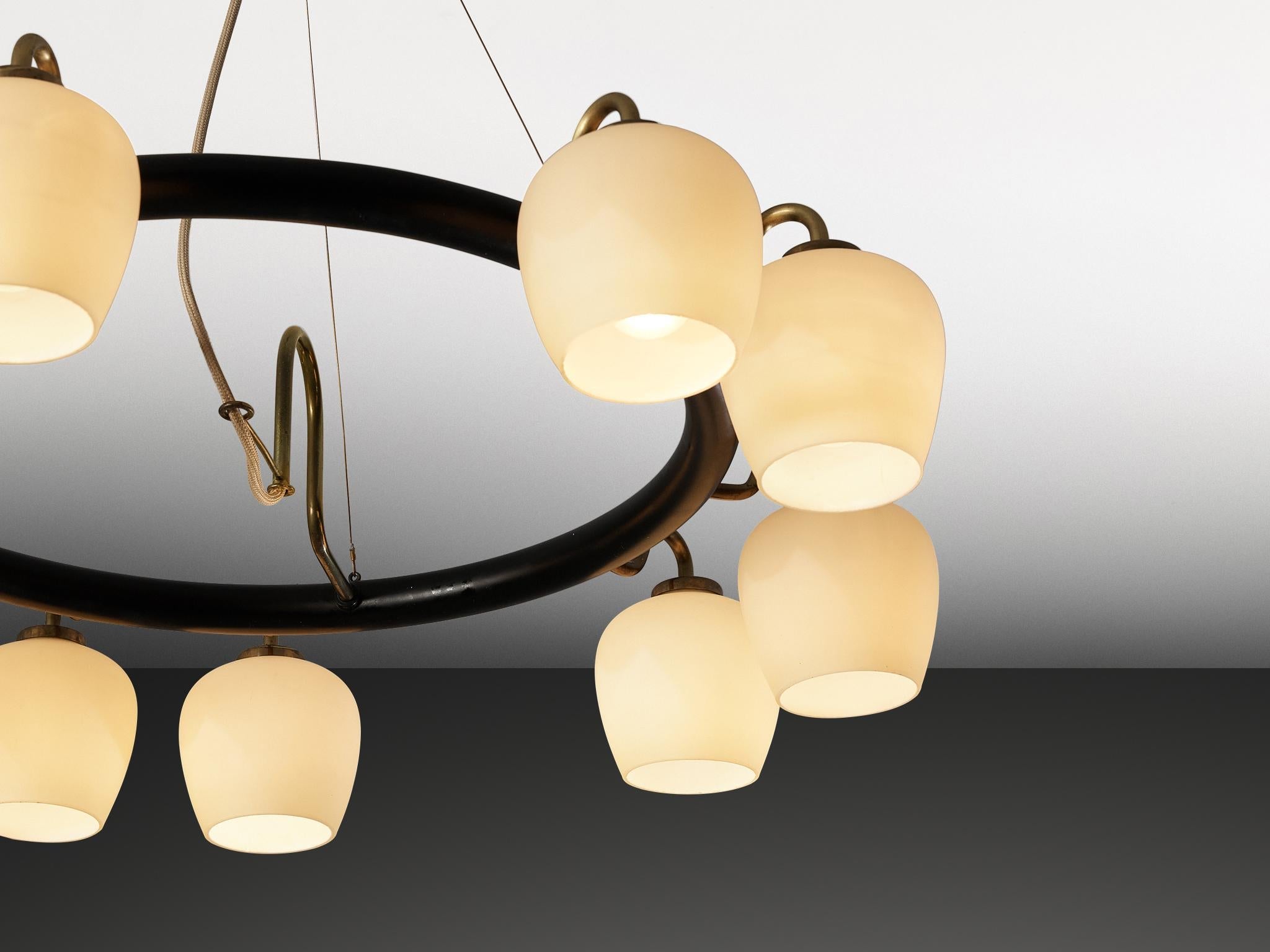 Vilhelm Lauritzen for Fog & Mørup Chandelier in Opaline Glass and Brass