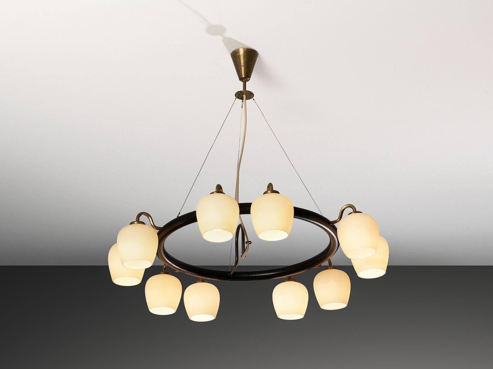 Vilhelm Lauritzen for Fog & Mørup Chandelier in Opaline Glass and Brass