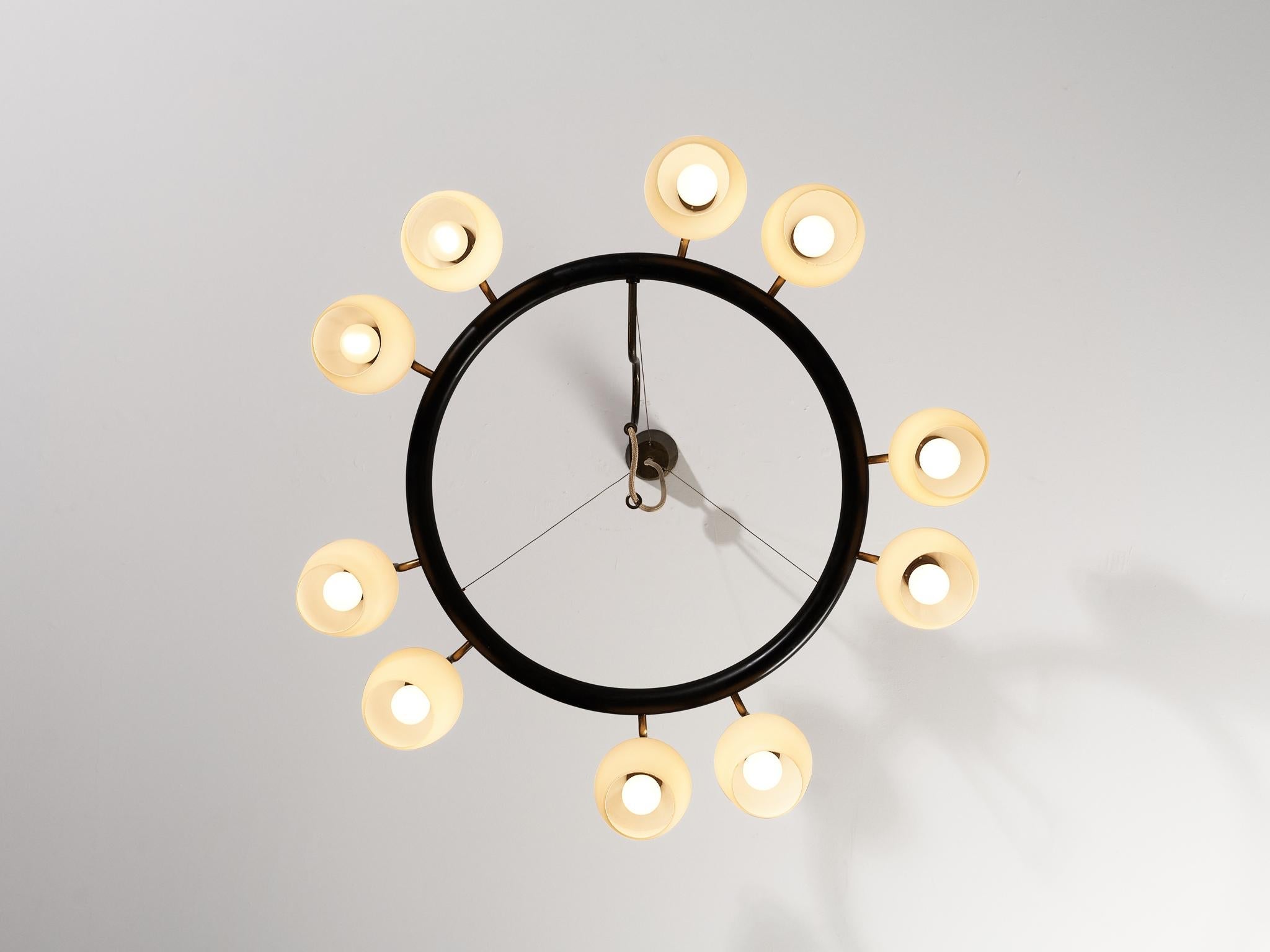 Vilhelm Lauritzen for Fog & Mørup Chandelier in Opaline Glass and Brass