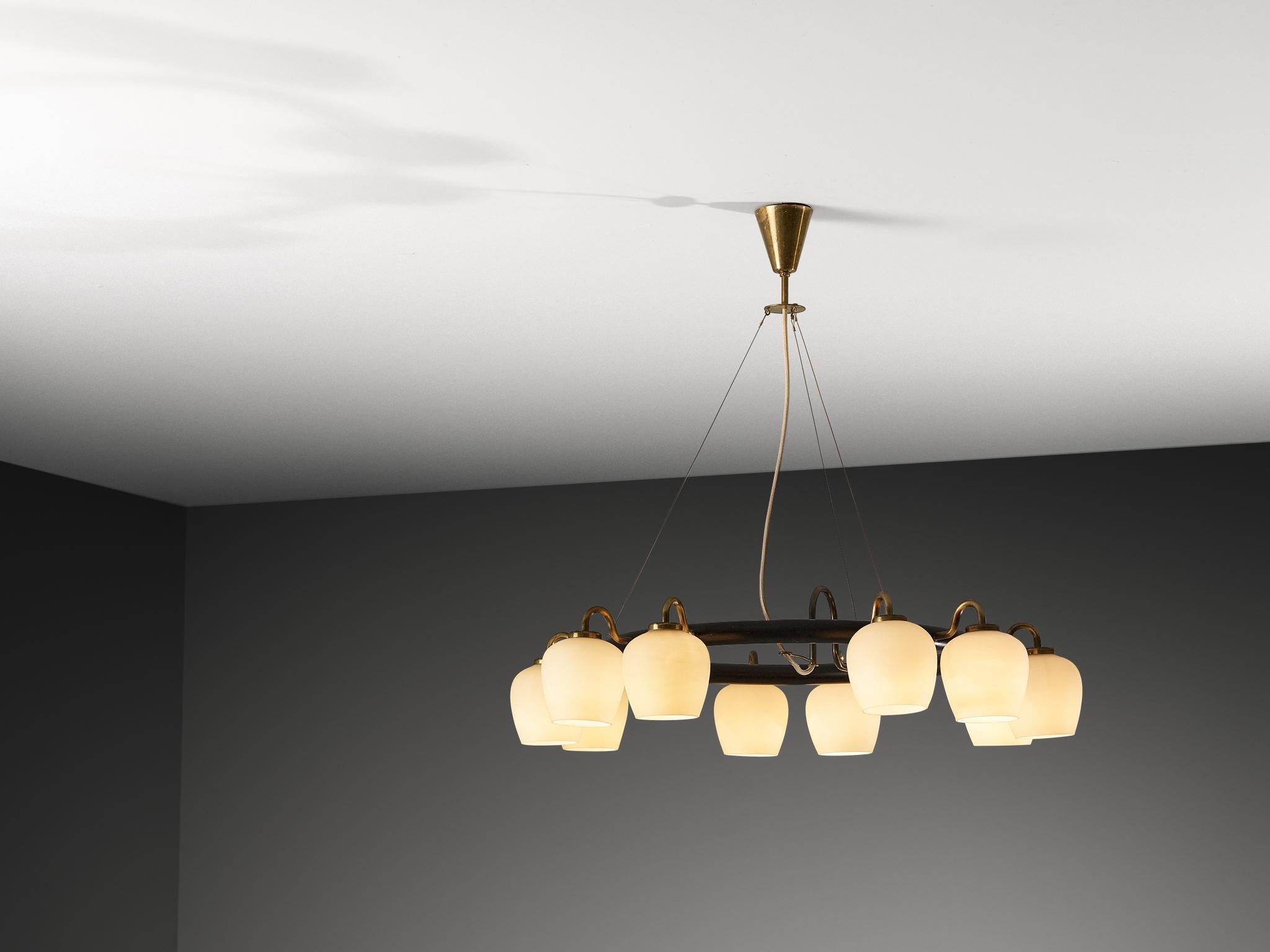 Vilhelm Lauritzen for Fog & Mørup Chandelier in Opaline Glass and Brass