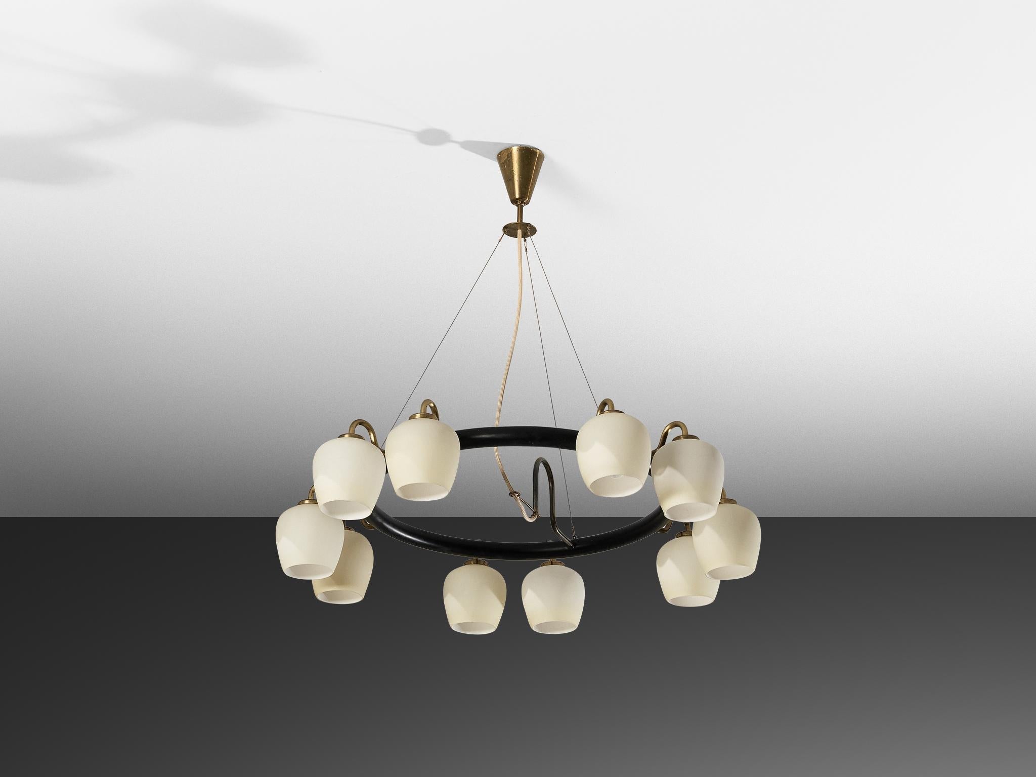 Vilhelm Lauritzen for Fog & Mørup Chandelier in Opaline Glass and Brass