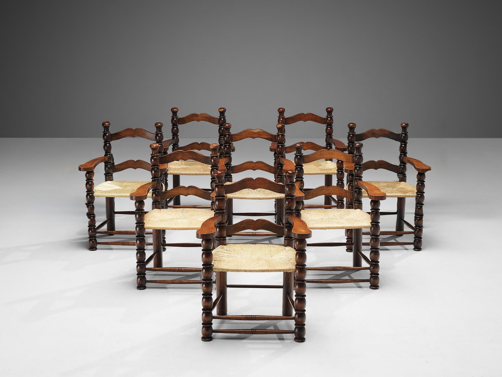 French Set of Eight Dining Chairs in Stained Wood and Straw