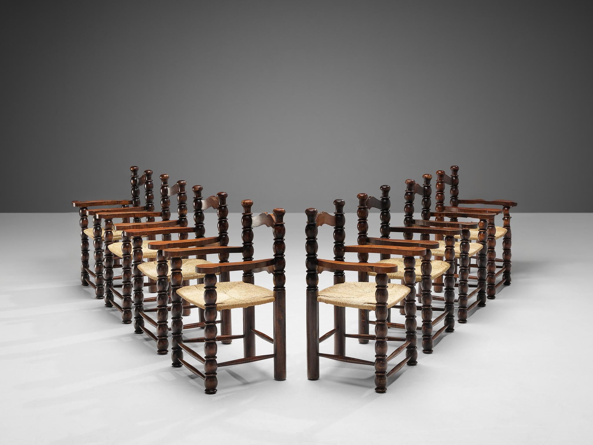 French Set of Eight Dining Chairs in Stained Wood and Straw