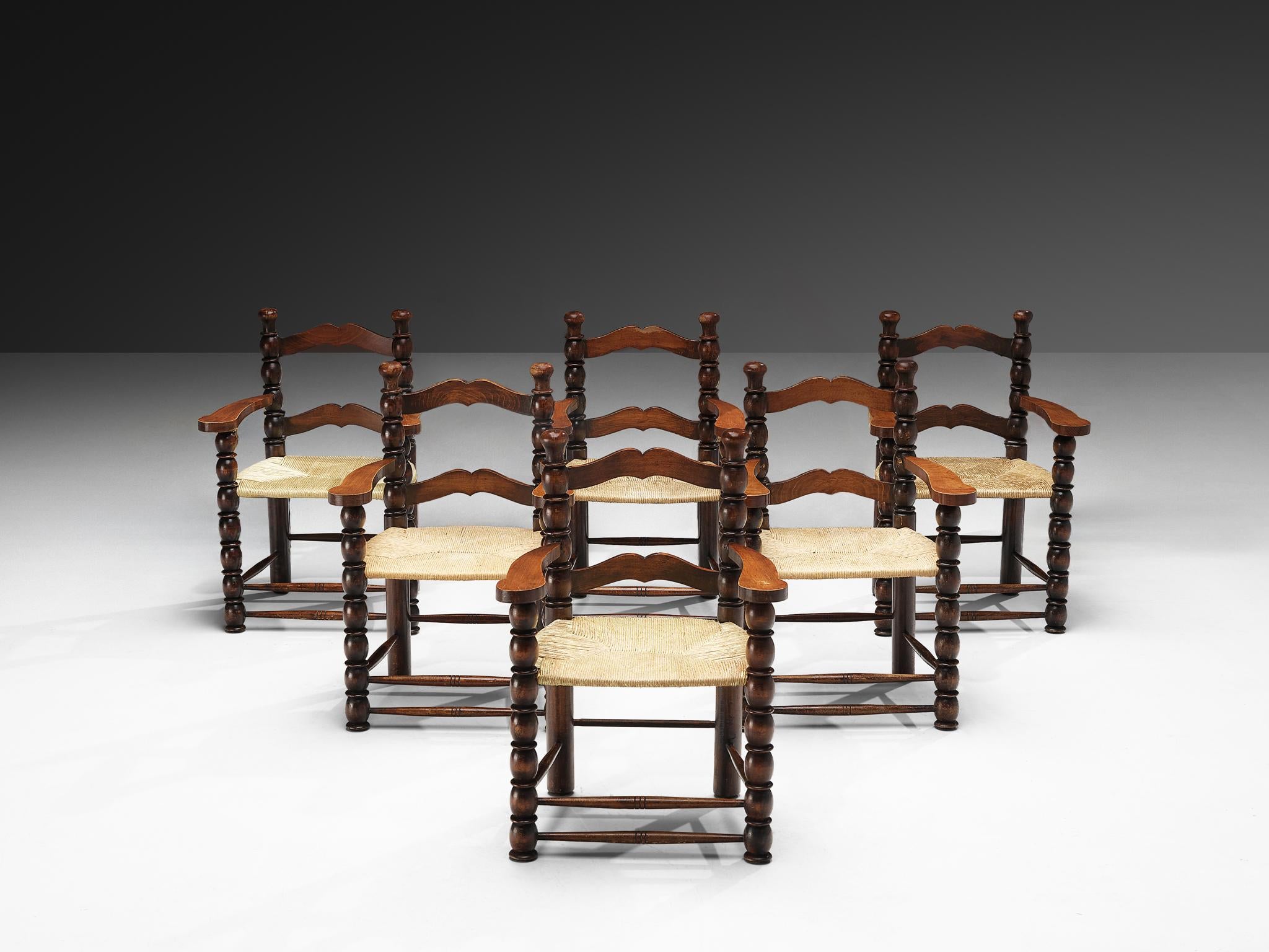 French Dining Chairs in Stained Wood and Straw