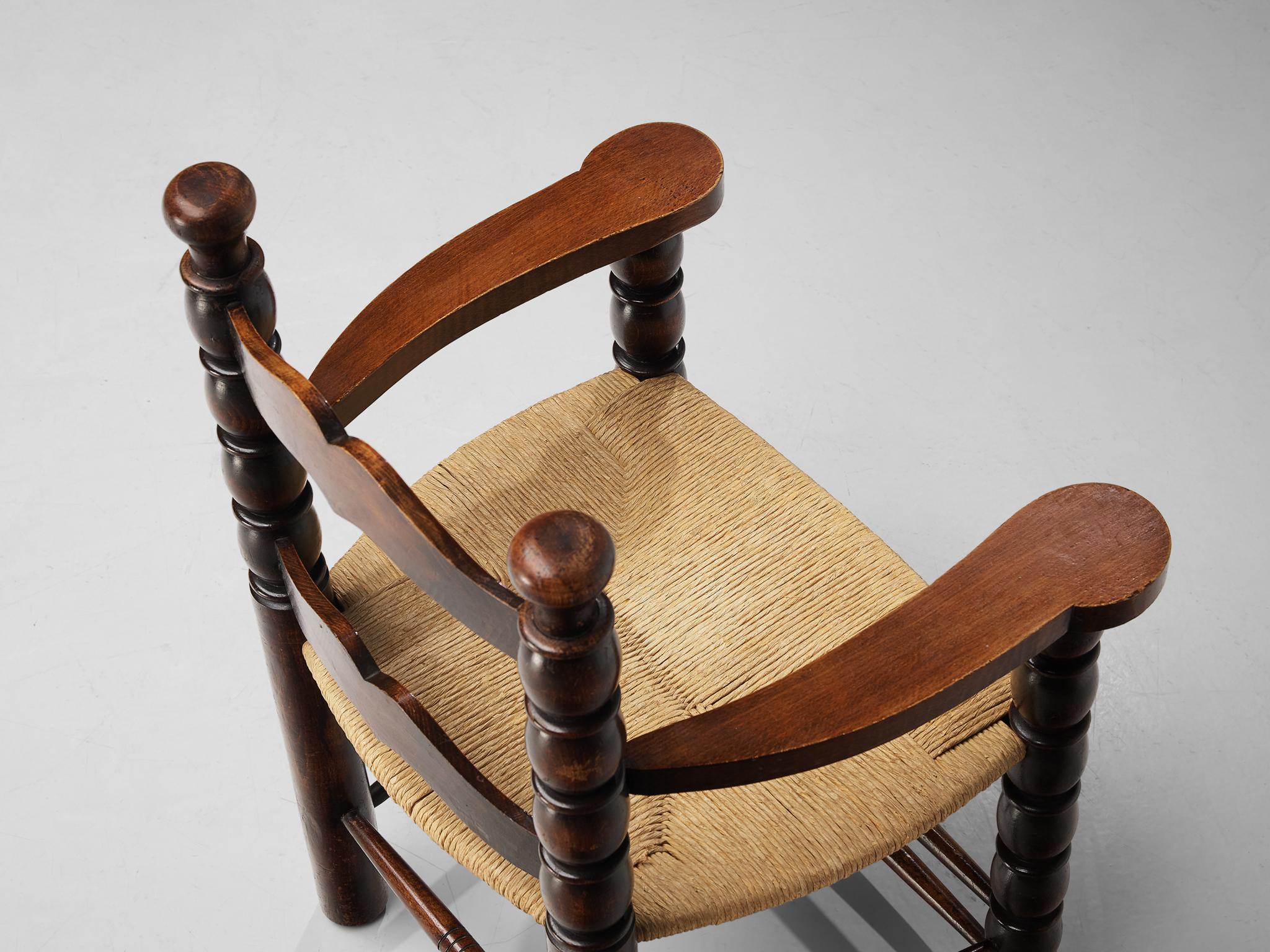 French Pair of Dining Chairs in Stained Wood and Straw