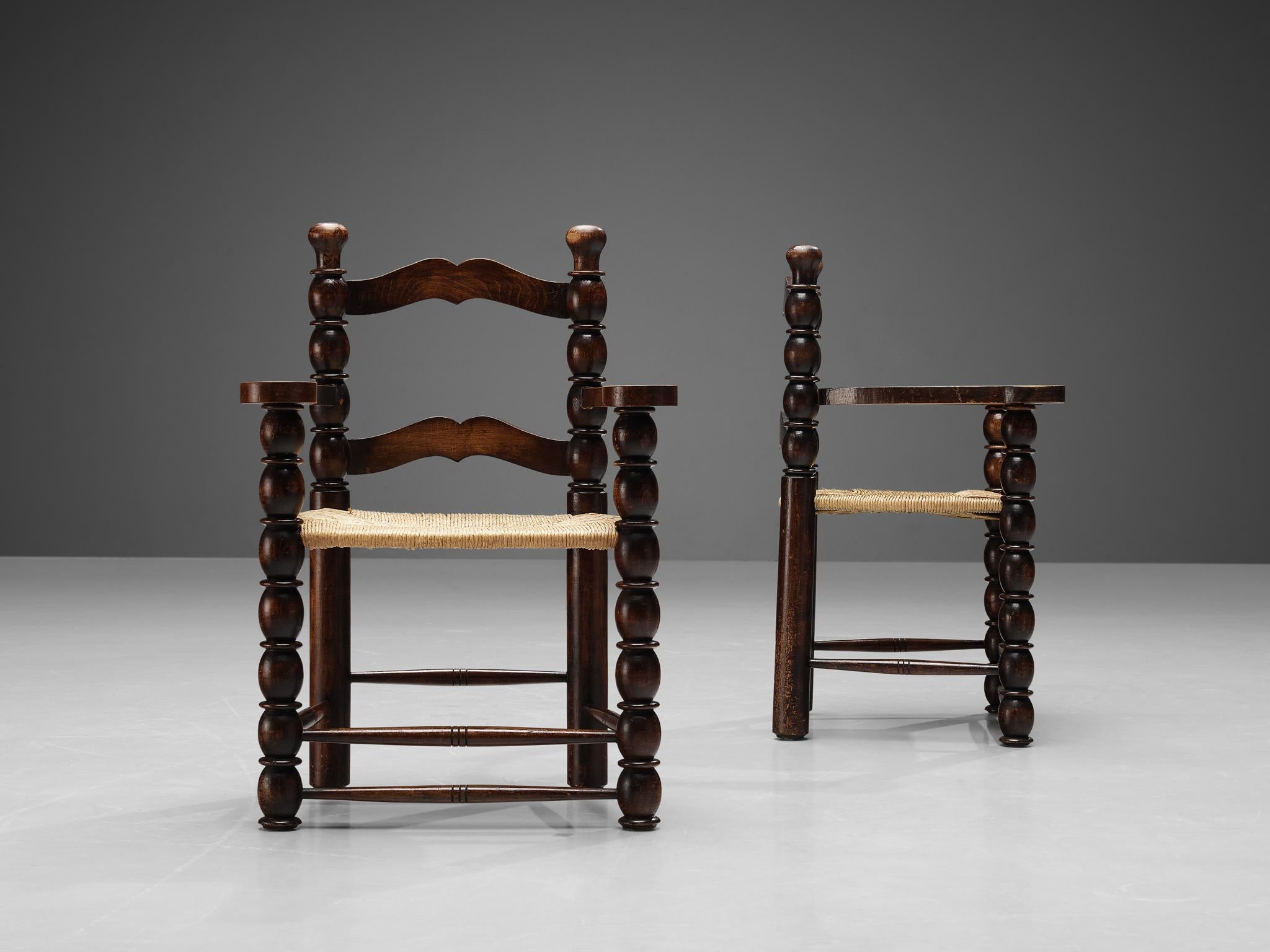 French Pair of Dining Chairs in Stained Wood and Straw