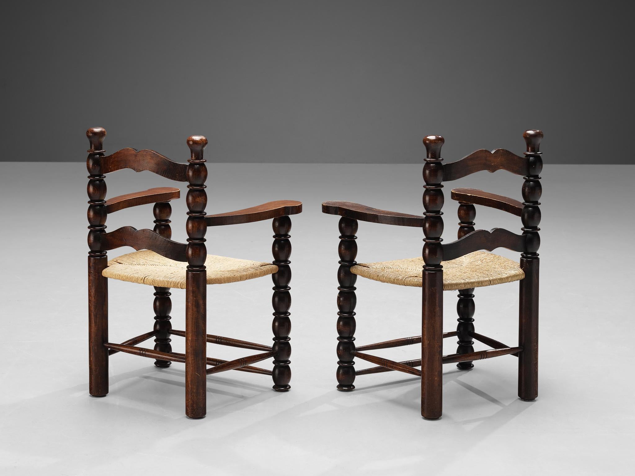 French Set of Eight Dining Chairs in Stained Wood and Straw