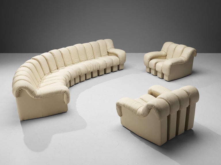 De Sede DS-600 'Snake' Sectional Sofa and Chairs in White Leather