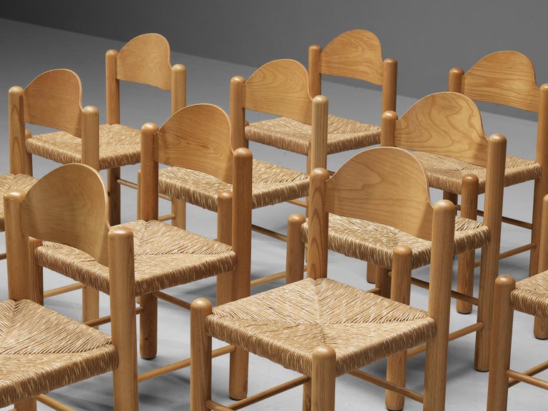 Italian Set of Twelve Dining Chairs in Ash with Rush Seats