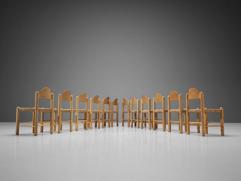 Italian Set of Twelve Dining Chairs in Ash with Rush Seats