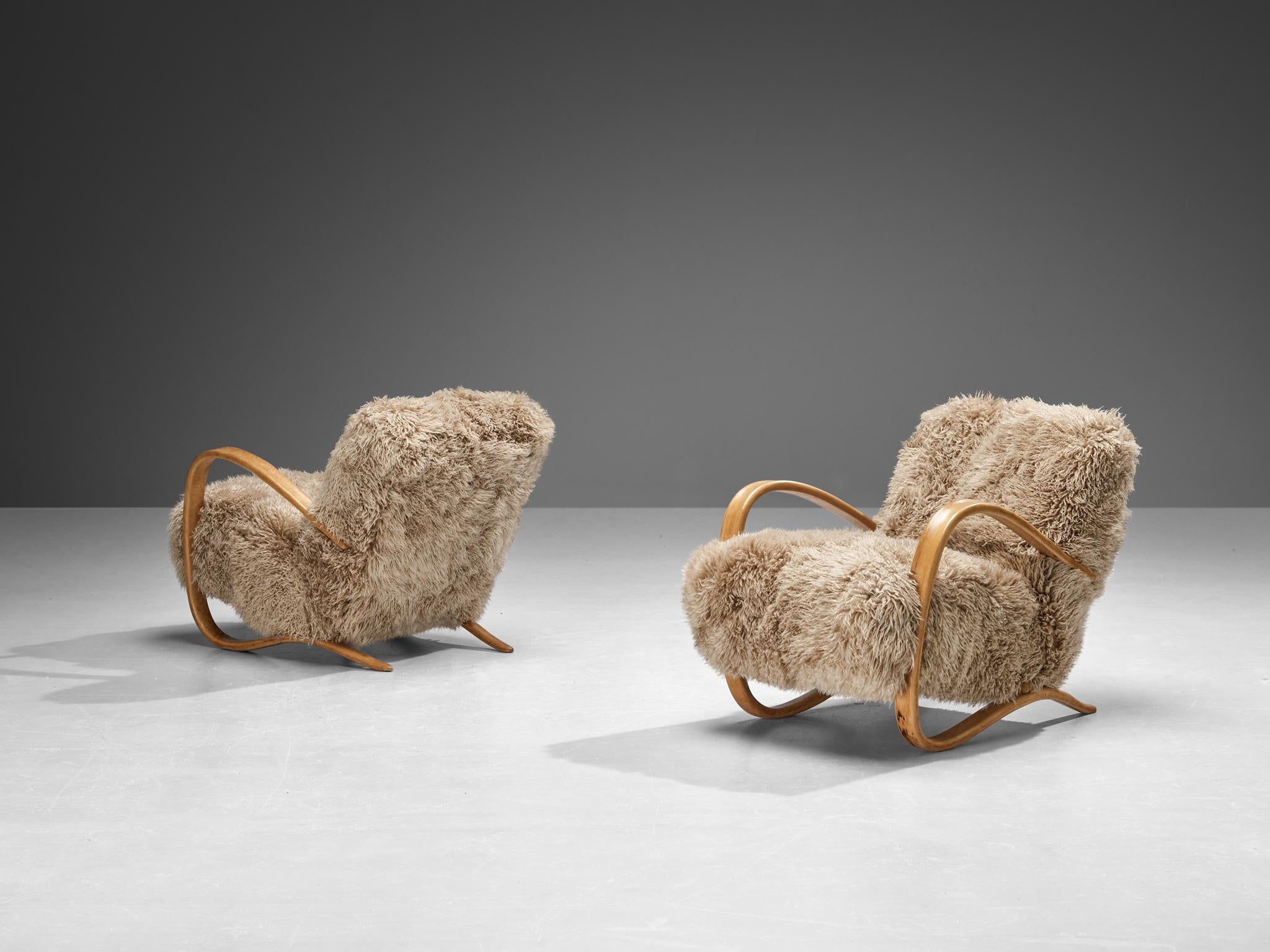 Jindrich Halabala Lounge Chairs in Brown Tibetan Lambswool