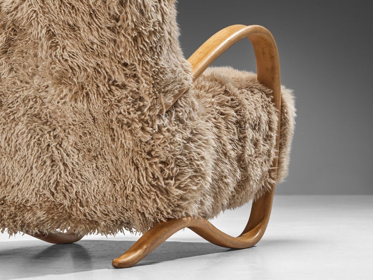 Jindrich Halabala Lounge Chair in Beige Sheepskin