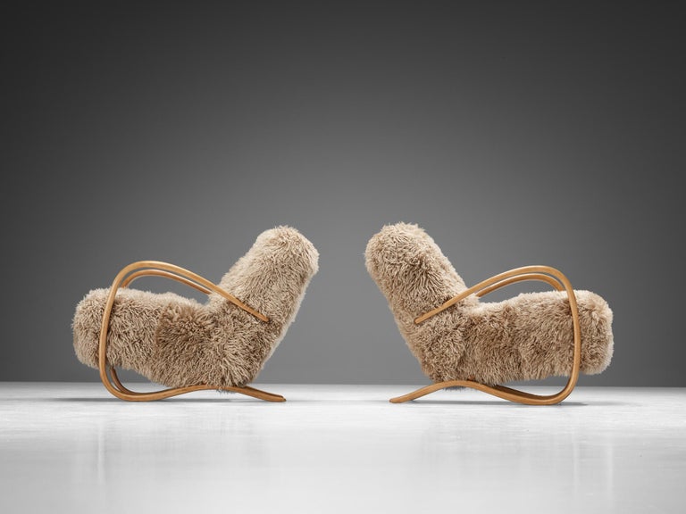 Jindrich Halabala Lounge Chairs in Beige Sheepskin